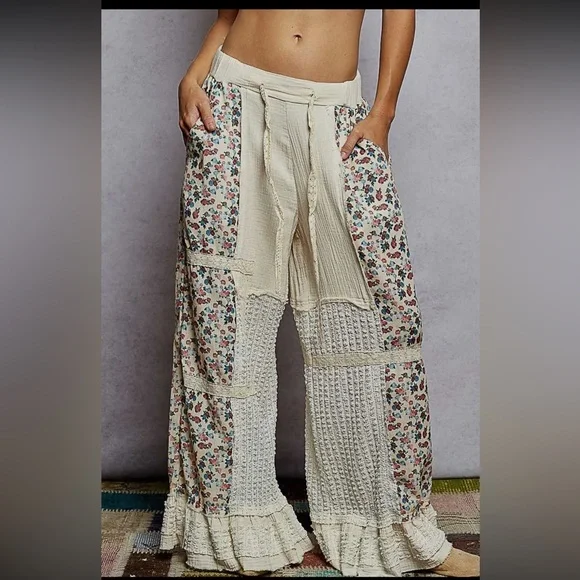 POL- NWT double gauze lace print patch woven ruffle wide leg pants MEDIUM - Picture 2 of 5